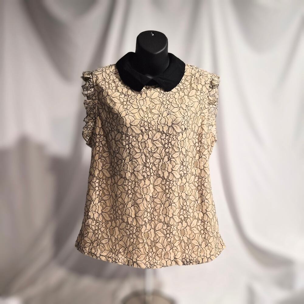 Stem Vine Cream Black Overlay Lace Peter Pan Collar Ruffle Blouse Top XL